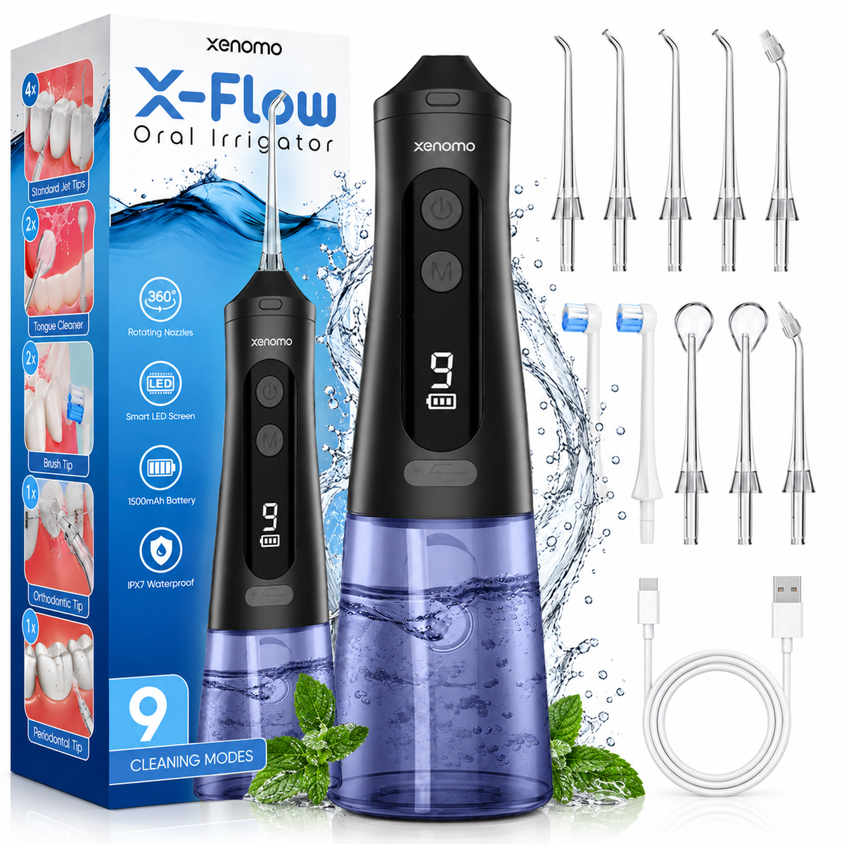 Irigator Bucal Profesional Tip Dus Bucal Xenomo X-FLOW , Culoare Negru-Albastru