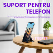 pachetul include un suport delicat pentru smartphone care pozitioneaza ecranul la un unghi confortabil
