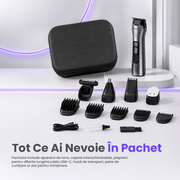 pachetul include aparatul de tuns, capete interschimbabile, piepteni pentru diferite lungimi, cablu incarcare usb-c, husa de transport, perie de curatare si ulei pentru intretinere