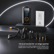 include furtun de umflare, adaptoare pentru fiferite valve, adaptor pentru mingi, cablu usb-c si cablu de alimentare 12v pentru automobil